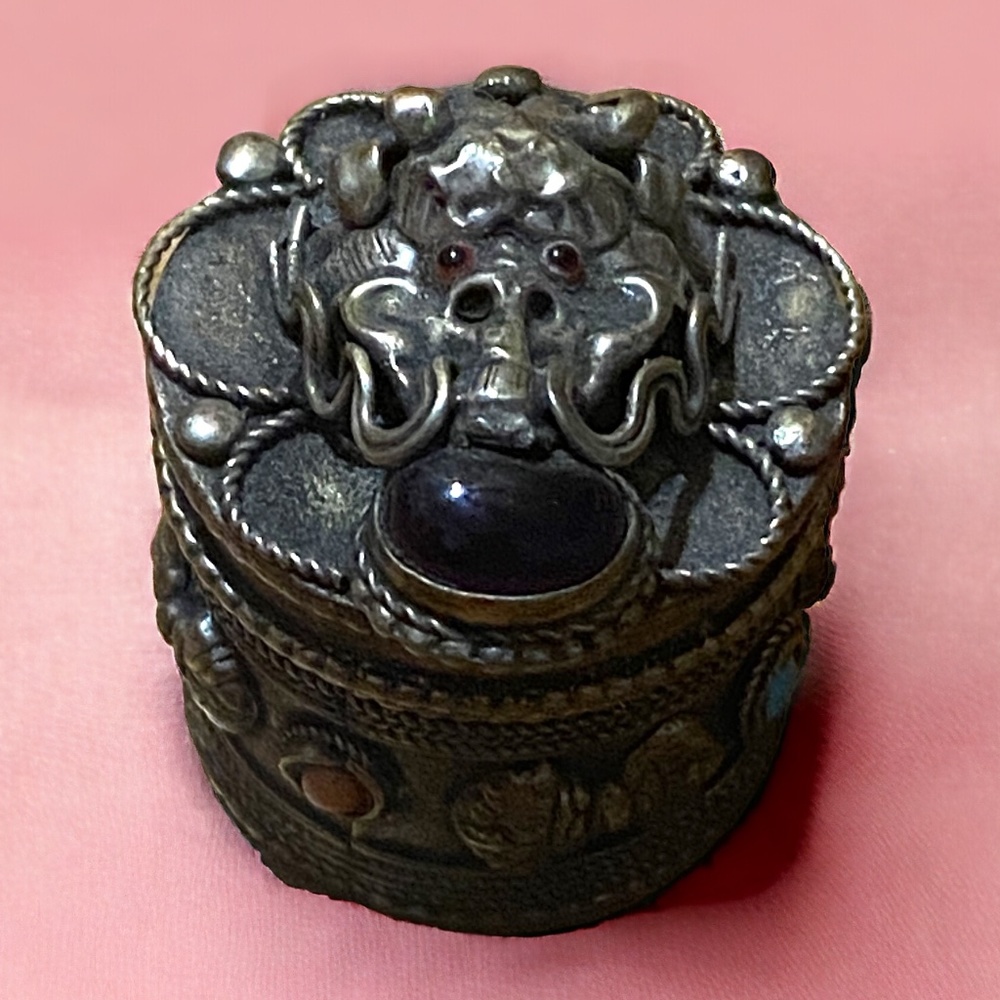 Tibetan style vintage/antique handmade metal dragon trinket box with gemstones.